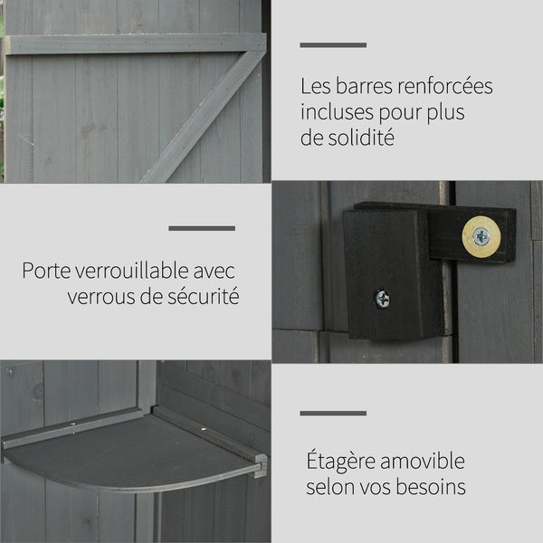Armoire de jardin extérieur abri de jardin en bois abri pour outils 3 étagères 2 Portes loquets Toit Pente bitumé rangement et stockage extérieurs 77 x 54 x 179 cm Sapin traité Gris