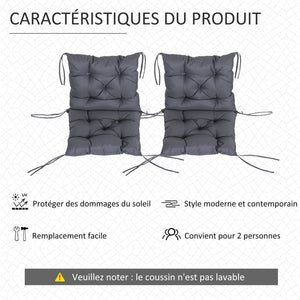Lot de 2 coussins de chaise d'extérieur, galette de chaise avec attaches, coussins de jardin pour terrasse ou balcon, 98 x 50 x 8 cm, gris