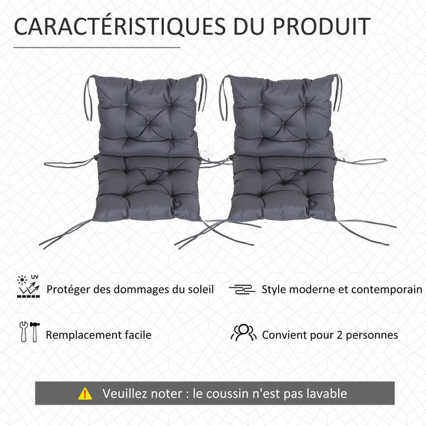 Lot de 2 coussins de chaise d'extérieur, galette de chaise avec attaches, coussins de jardin pour terrasse ou balcon, 98 x 50 x 8 cm, gris
