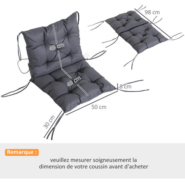Lot de 2 coussins de chaise d'extérieur, galette de chaise avec attaches, coussins de jardin pour terrasse ou balcon, 98 x 50 x 8 cm, gris