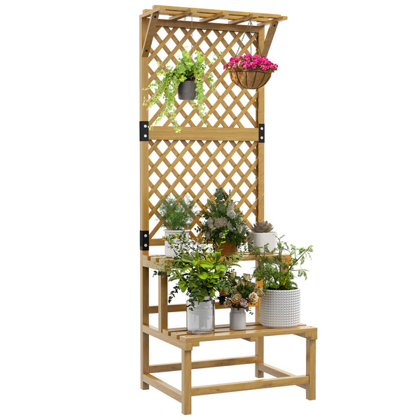 Support plantes intérieur porte plante à deux niveaux avec treillis pour jardin et terrasse en bois massif jaune