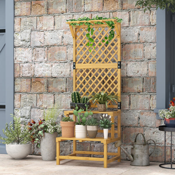 Support plantes intérieur porte plante à deux niveaux avec treillis pour jardin et terrasse en bois massif jaune