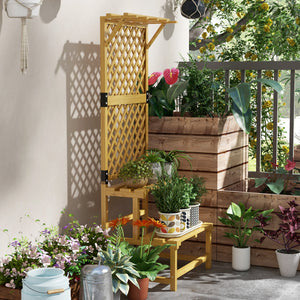 Support plantes intérieur porte plante à deux niveaux avec treillis pour jardin et terrasse en bois massif jaune