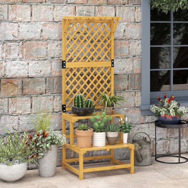 Support plantes intérieur porte plante à deux niveaux avec treillis pour jardin et terrasse en bois massif jaune