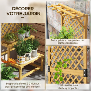 Support plantes intérieur porte plante à deux niveaux avec treillis pour jardin et terrasse en bois massif jaune