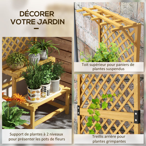 Support plantes intérieur porte plante à deux niveaux avec treillis pour jardin et terrasse en bois massif jaune