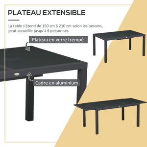 Salon de jardin extérieur en aluminium et textilène table extensible 6 chaises empilables 6 personnes - dim. table 150/210L x 90l x 75H cm gris