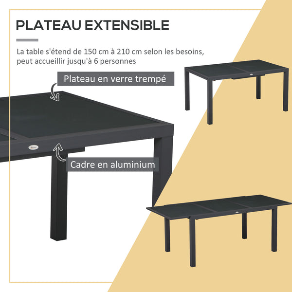Salon de jardin extérieur en aluminium et textilène table extensible 6 chaises empilables 6 personnes - dim. table 150/210L x 90l x 75H cm gris