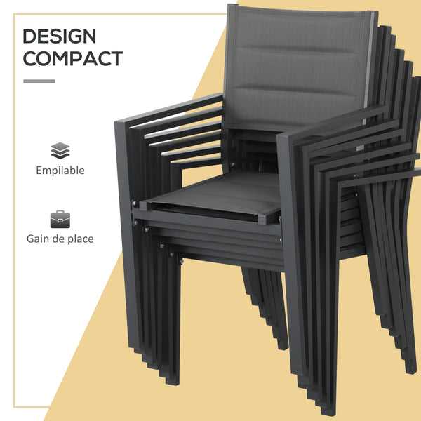 Salon de jardin extérieur en aluminium et textilène table extensible 6 chaises empilables 6 personnes - dim. table 150/210L x 90l x 75H cm gris