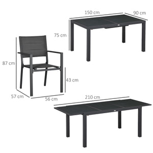 Salon de jardin extérieur en aluminium et textilène table extensible 6 chaises empilables 6 personnes - dim. table 150/210L x 90l x 75H cm gris