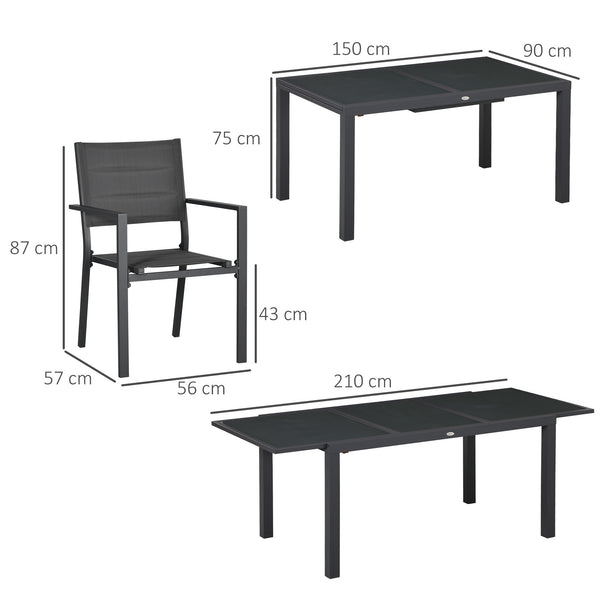 Salon de jardin extérieur en aluminium et textilène table extensible 6 chaises empilables 6 personnes - dim. table 150/210L x 90l x 75H cm gris