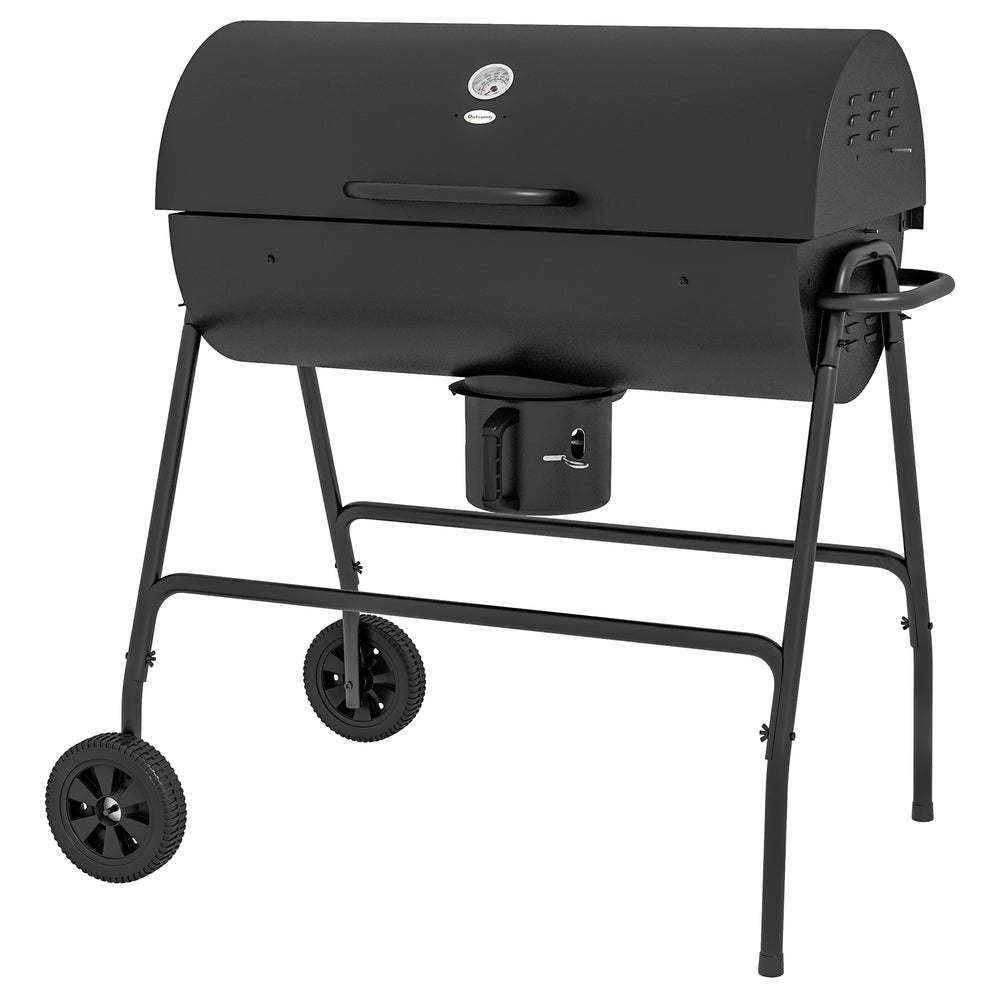 Barbecue au charbon de bois avec couvercle, barbecue charbon de bois grande taille avec grille et thermomètre, BBQ avec roues, poignée, pour jardin, patio, 95 x 71,5 x 102 cm, noir