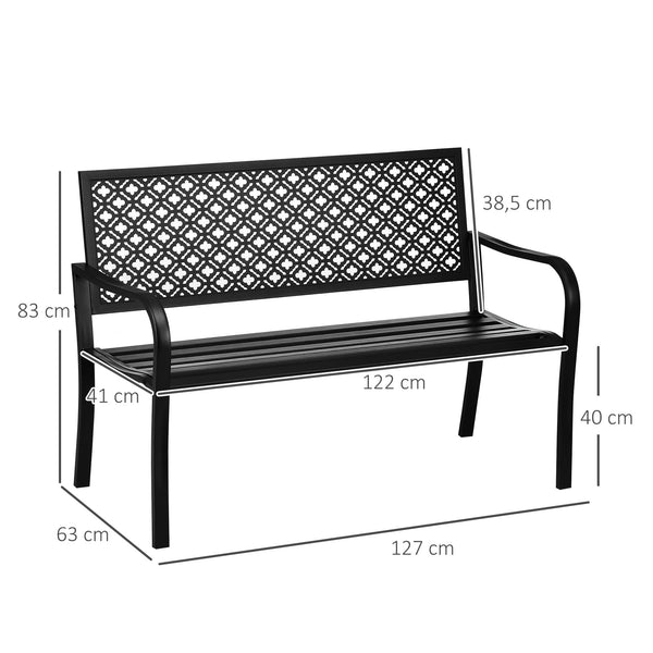 Banc de jardin, banc extérieur jardin en acier, avec dossier à motif floral, accoudoirs, pour 2 personnes, pour jardin, balcon, charge max. 240 kg, noir