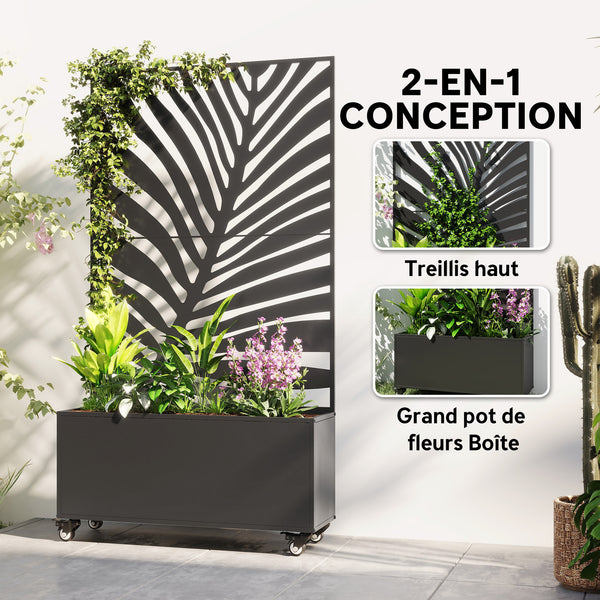 Jardinière avec treillis, bac à fleurs, lit surélevé avec brise-vue et roulettes verrouillables, pour plantes grimpantes, légumes, métal, intérieur et extérieur, 90 x 30 x 160 cm, noir