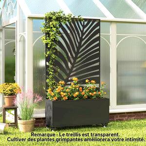 Jardinière avec treillis, bac à fleurs, lit surélevé avec brise-vue et roulettes verrouillables, pour plantes grimpantes, légumes, métal, intérieur et extérieur, 90 x 30 x 160 cm, noir