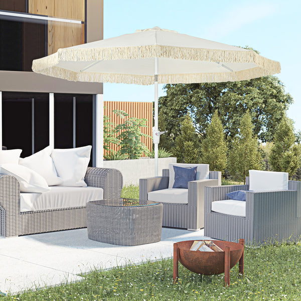 Parasol de jardin parasol extérieur inclinable à franges avec manivelle 8 baleines dim. Ø 2,65 x 2,45 H m Blanc