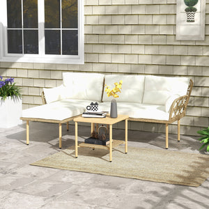 Salon de jardin exterieur 4 personnes 3 pièces avec 1 table basse coussins grand confort inclus résine tressée crème
