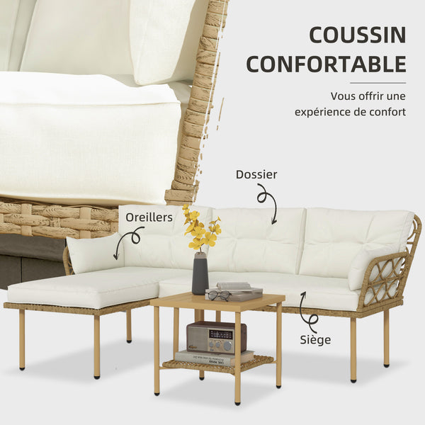 Salon de jardin exterieur 4 personnes 3 pièces avec 1 table basse coussins grand confort inclus résine tressée crème