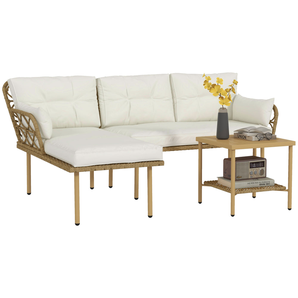 Salon de jardin exterieur 4 personnes 3 pièces avec 1 table basse coussins grand confort inclus résine tressée crème
