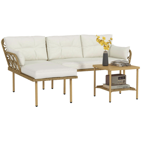 Salon de jardin exterieur 4 personnes 3 pièces avec 1 table basse coussins grand confort inclus résine tressée crème