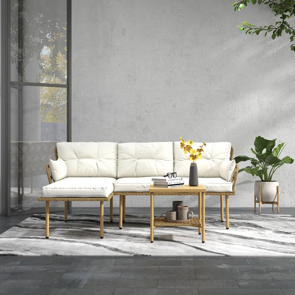 Salon de jardin exterieur 4 personnes 3 pièces avec 1 table basse coussins grand confort inclus résine tressée crème