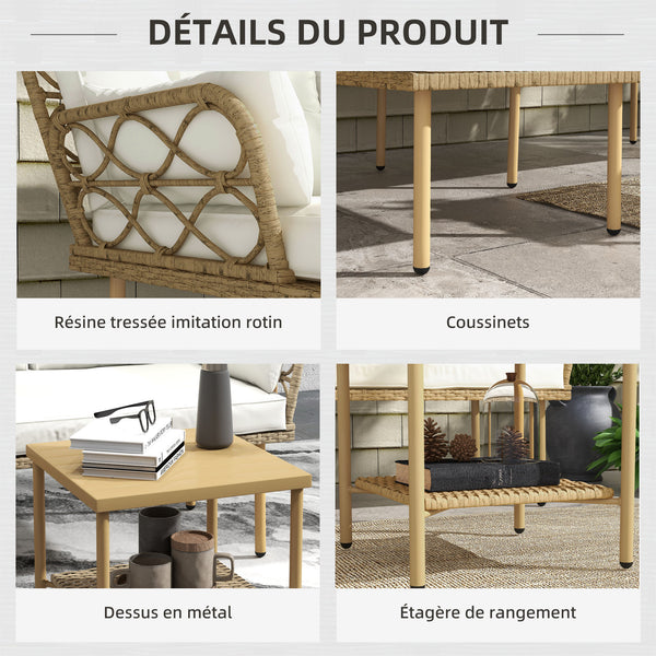 Salon de jardin exterieur 4 personnes 3 pièces avec 1 table basse coussins grand confort inclus résine tressée crème