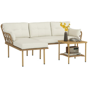 Salon de jardin exterieur 4 personnes 3 pièces avec 1 table basse coussins grand confort inclus résine tressée crème