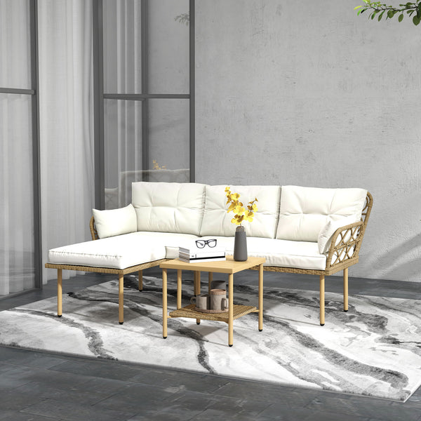 Salon de jardin exterieur 4 personnes 3 pièces avec 1 table basse coussins grand confort inclus résine tressée crème