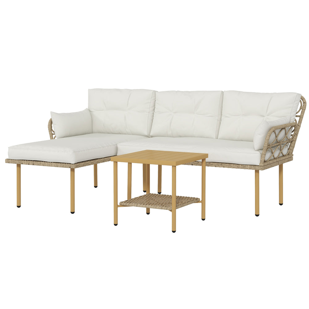 Salon de jardin exterieur 4 personnes 3 pièces avec 1 table basse coussins grand confort inclus résine tressée crème