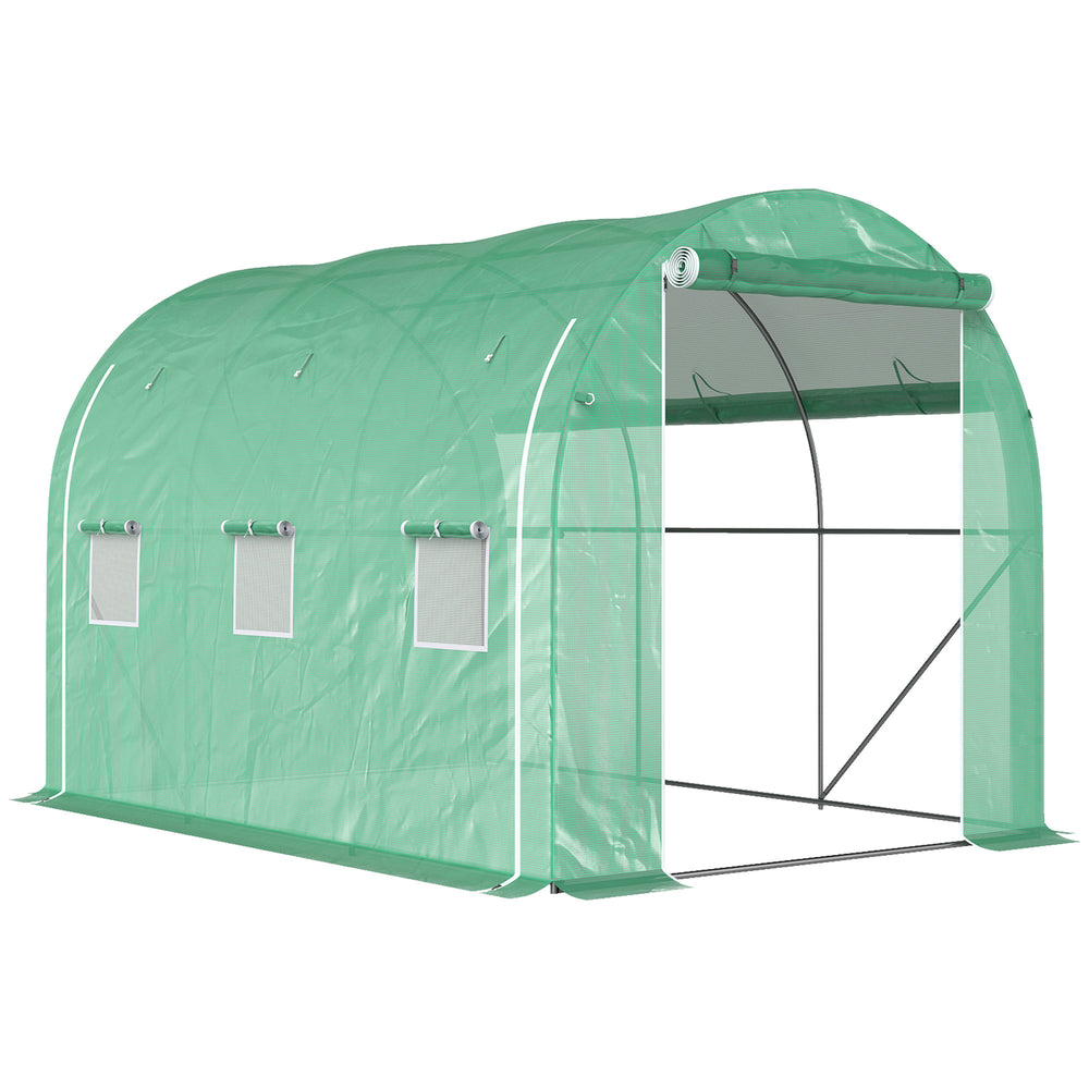 Serre de jardin 6 m² 3 x 2 m avec 1 porte + 2 parois latérales zippées enroulables, 6 fenêtres, acier galvanisé PE haute densité 140 g/m² Anti-UV vert