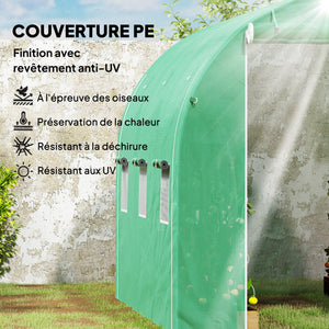 Serre de jardin 6 m² 3 x 2 m avec 1 porte + 2 parois latérales zippées enroulables, 6 fenêtres, acier galvanisé PE haute densité 140 g/m² Anti-UV vert