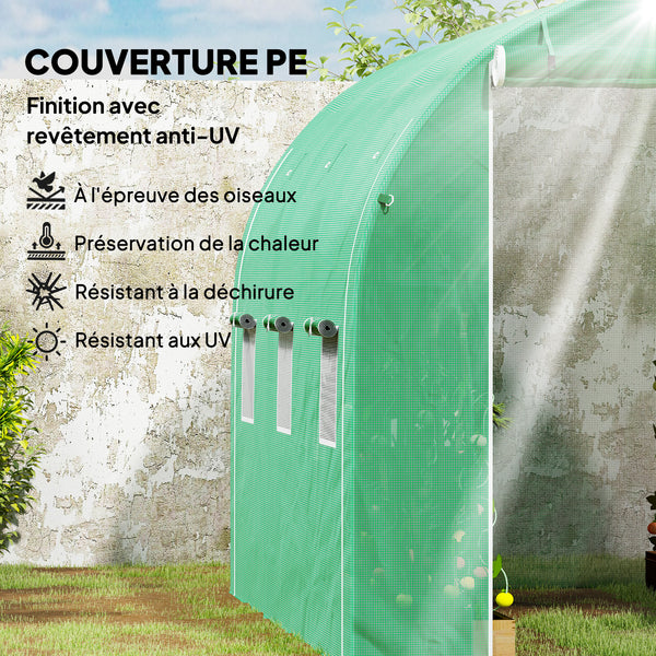 Serre de jardin 6 m² 3 x 2 m avec 1 porte + 2 parois latérales zippées enroulables, 6 fenêtres, acier galvanisé PE haute densité 140 g/m² Anti-UV vert