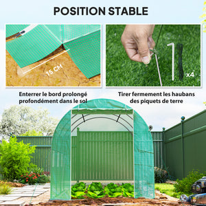 Serre de jardin 6 m² 3 x 2 m avec 1 porte + 2 parois latérales zippées enroulables, 6 fenêtres, acier galvanisé PE haute densité 140 g/m² Anti-UV vert