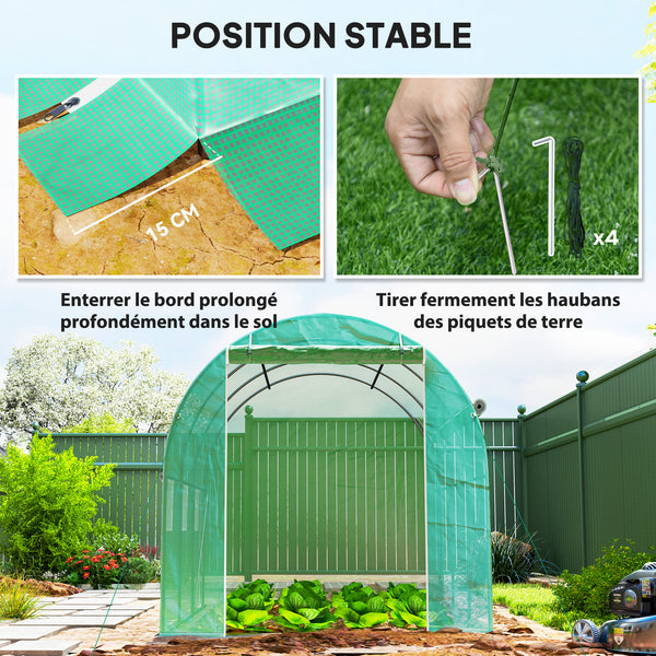 Serre de jardin 6 m² 3 x 2 m avec 1 porte + 2 parois latérales zippées enroulables, 6 fenêtres, acier galvanisé PE haute densité 140 g/m² Anti-UV vert