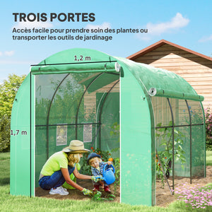 Serre de jardin 6 m² 3 x 2 m avec 1 porte + 2 parois latérales zippées enroulables, 6 fenêtres, acier galvanisé PE haute densité 140 g/m² Anti-UV vert
