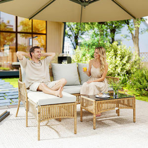 Salon de jardin extérieur d'angle 4 places en résine tressée, canapé 2 places, chaise longue, table basse, plateau en verre trempé et coussins, mobilier de jardin, terrasse, patio, crème