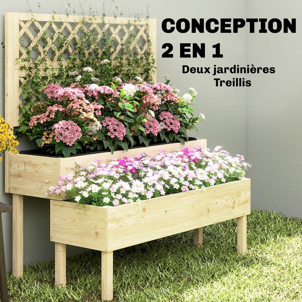 Jardinière à 2 Niveaux avec Treillis, bac à fleurs, lit surélevé avec tissu non tissé, pour plantes grimpantes, légumes, bois, intérieur et extérieur, 108 x 62 x 120 cm effet bois naturelle