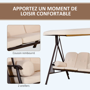 Balancelle de Jardin 3 Places Grand Confort Toit Inclinaison réglable Coussins Plateaux rétractables Polyester filé beige