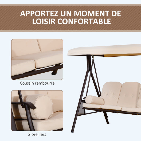 Balancelle de Jardin 3 Places Grand Confort Toit Inclinaison réglable Coussins Plateaux rétractables Polyester filé beige