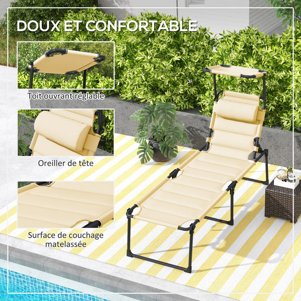 Bain de soleil, chaise longue pliante avec pare-soleil, appuie-tête en tissu Oxford, transat jardin extérieur inclinable de plage camping piscine terrasse 70 x 200 x 45 cm crème
