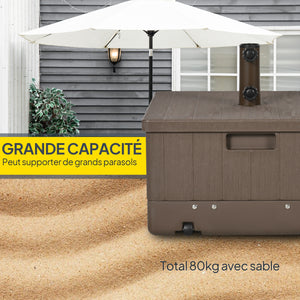 Pied de parasol base de lestage table d'appoint jardinière avec drainage roulettes et poignées PE et métal dim. 53L x 53l x 47H cm marron