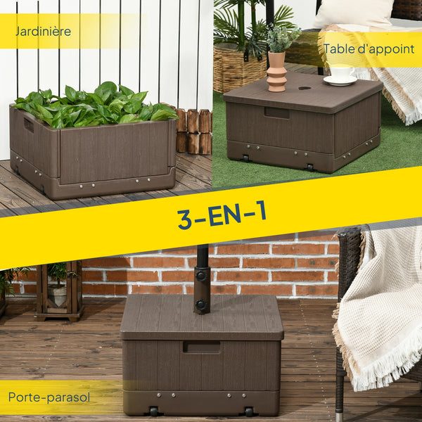 Pied de parasol base de lestage table d'appoint jardinière avec drainage roulettes et poignées PE et métal dim. 53L x 53l x 47H cm marron