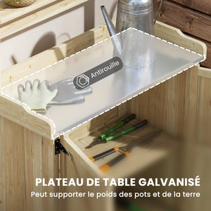 Table de rempotage table de jardinage style rustique avec placard et étagères et plateau galvanisé patins antidérapants en bois sapin pré-huilé dim. 90,5L x 41l x 124,5H cm effet bois naturel