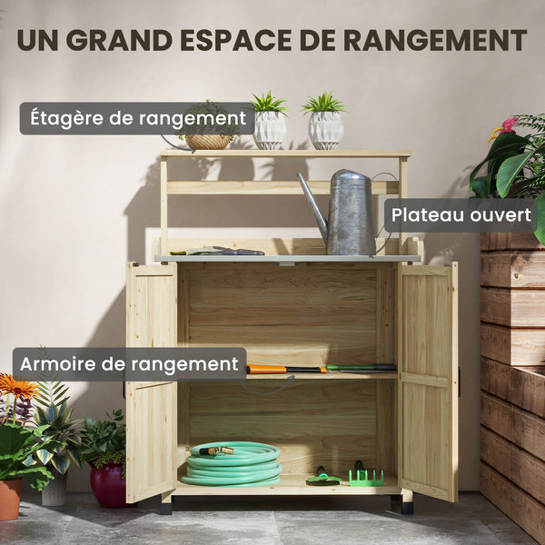 Table de rempotage table de jardinage style rustique avec placard et étagères et plateau galvanisé patins antidérapants en bois sapin pré-huilé dim. 90,5L x 41l x 124,5H cm effet bois naturel