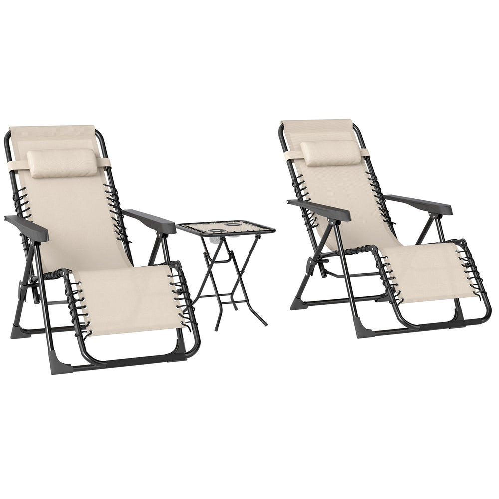 Lot de 2 chaise longue pliable et inclinable avec table d'appoint, fauteuil relax jardin de gravité zéro transat bain de soleil avec porte-gobelets et appuie-tête, charge 120 kg, beige