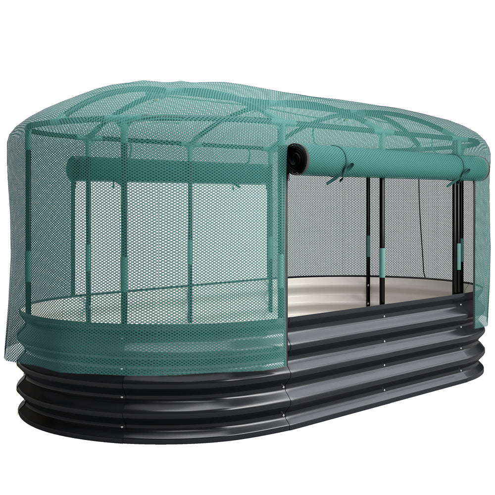 Carré potager de jardin avec cage de protection, jardinière surélevée en acier galvanisé avec système d'auto-arrosage, lit de jardin pour herbes aromatiques, légumes et fleurs, gris et vert