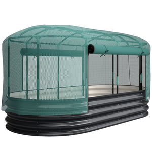 Carré potager de jardin avec cage de protection, jardinière surélevée en acier galvanisé avec système d'auto-arrosage, lit de jardin pour herbes aromatiques, légumes et fleurs, gris et vert