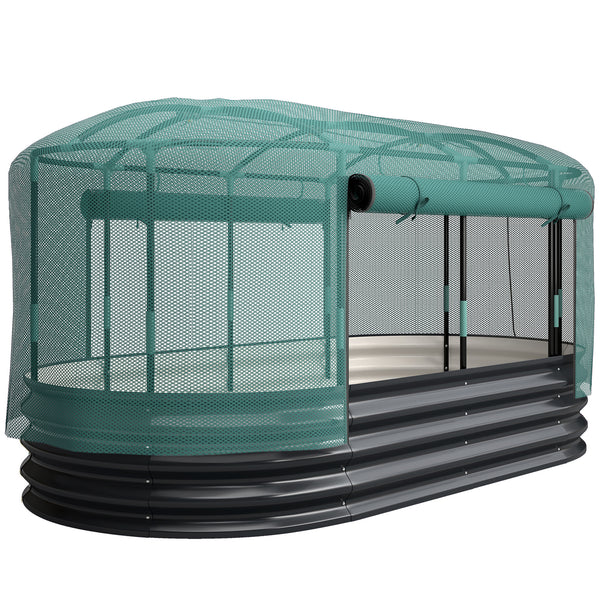 Carré potager de jardin avec cage de protection, jardinière surélevée en acier galvanisé avec système d'auto-arrosage, lit de jardin pour herbes aromatiques, légumes et fleurs, gris et vert