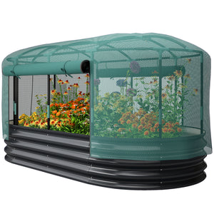 Carré potager de jardin avec cage de protection, jardinière surélevée en acier galvanisé avec système d'auto-arrosage, lit de jardin pour herbes aromatiques, légumes et fleurs, gris et vert