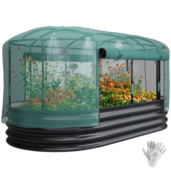 Carré potager de jardin avec cage de protection, jardinière surélevée en acier galvanisé avec système d'auto-arrosage, lit de jardin pour herbes aromatiques, légumes et fleurs, gris et vert